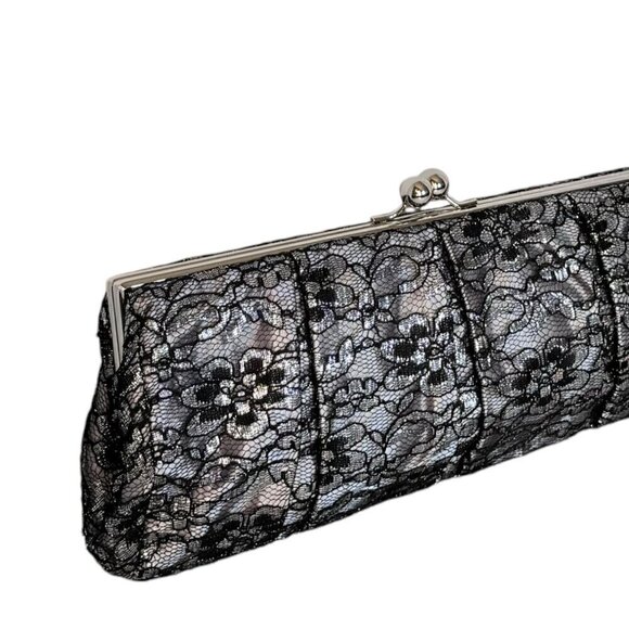 Express Clutch Evening Bag Black Silver Lace Kiss Lock Rectangular Whimsigoth - Picture 3 of 9
